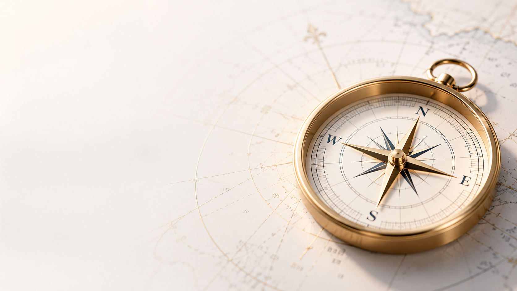 Gold compass on a subtle nautical chart, symbolising guidance and direction