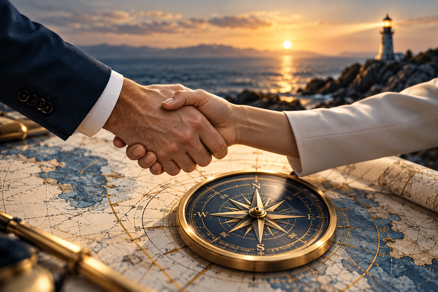 Handshake above a compass and nautical chart, symbolising commitment and direction