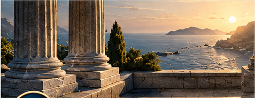 Classical columns overlooking the sea representing estate planning