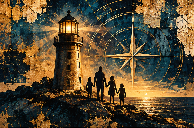 Lighthouse and family representing guidance for individuals and families