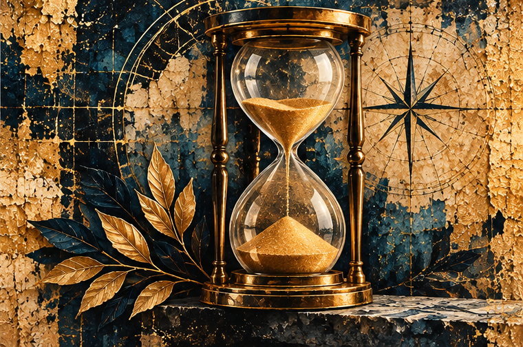Hourglass and compass representing retired clients and long-term continuity